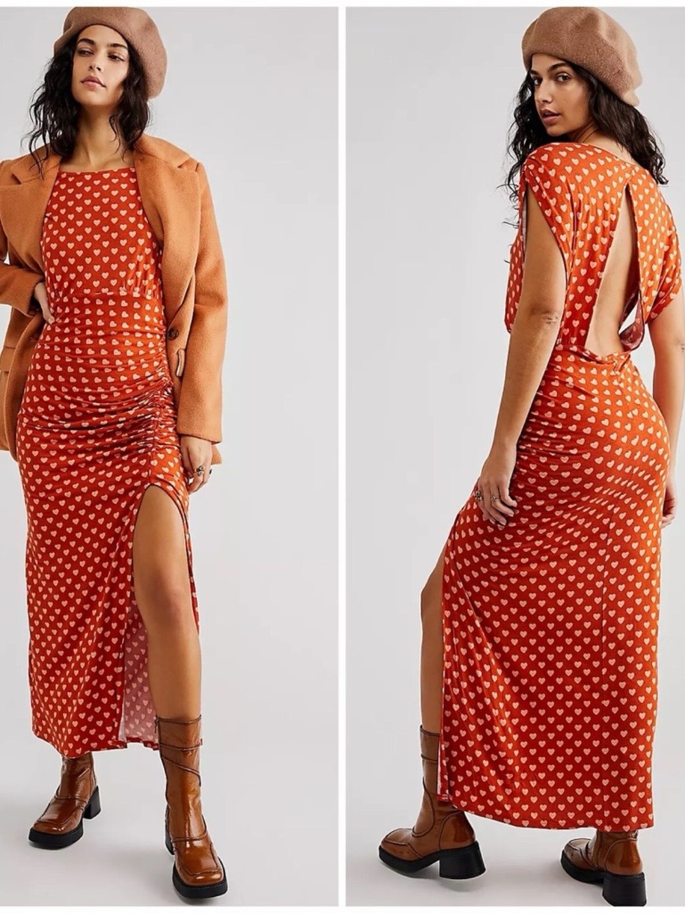Free People Orange Heart Print Open Back Slit Midi Dress Boho Core S